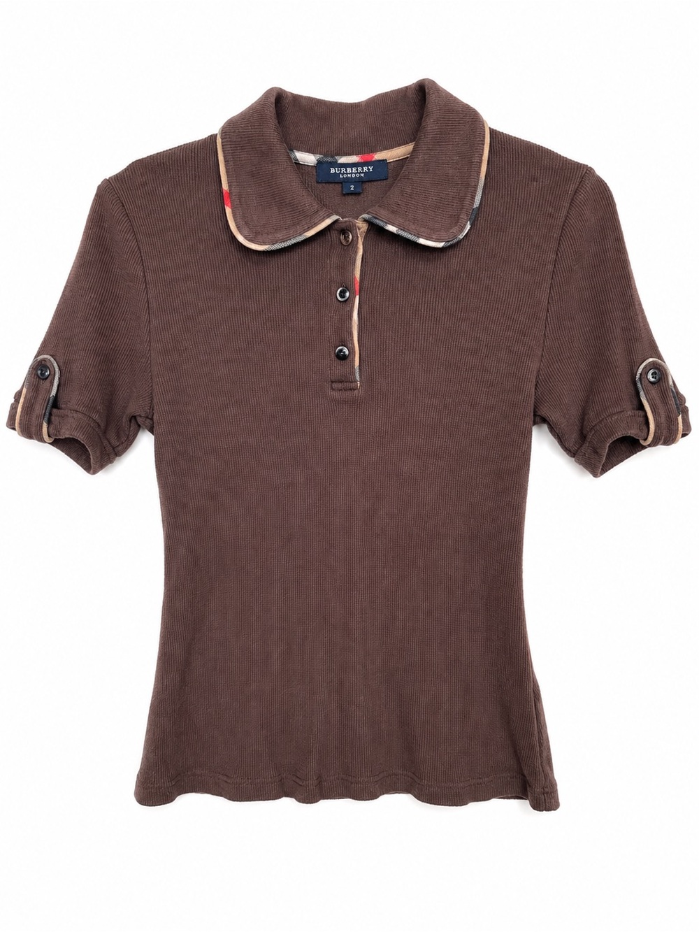 Burberry London Brown Waffle Knit Polo Shirt Nova Check Trim Size 2